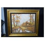 Autumn Forest Landscape Painting - Framed, Figure in Red (32.5x32.5)