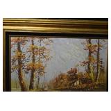 Autumn Forest Landscape Painting - Framed, Figure in Red (32.5x32.5)
