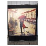 Painting - Romantic Street Scene with Couple Under Red Umbrella & Dog, 37.5 in x 39.5 in