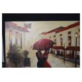 Painting - Romantic Street Scene with Couple Under Red Umbrella & Dog, 37.5 in x 39.5 in