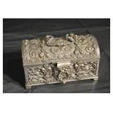 Ornate Floral Repoussé Jewelry Box - Silver-Tone Metal, Red Velvet Interior