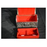 Ornate Floral Repoussé Jewelry Box - Silver-Tone Metal, Red Velvet Interior