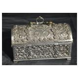 Ornate Floral Repoussé Jewelry Box - Silver-Tone Metal, Red Velvet Interior