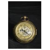 Antique Brass Pocket Watch Alarm Clock with Engraved Case and Roman Dial