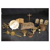 Antique Brass Religious Lot - Crucifix, Candelabrum, Teapot Lamp, Mini Chairs