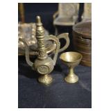 Antique Brass Religious Lot - Crucifix, Candelabrum, Teapot Lamp, Mini Chairs