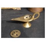 Antique Brass Religious Lot - Crucifix, Candelabrum, Teapot Lamp, Mini Chairs