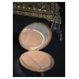 Antique Brass Religious Lot - Crucifix, Candelabrum, Teapot Lamp, Mini Chairs