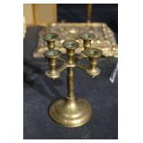 Antique Brass Religious Lot - Crucifix, Candelabrum, Teapot Lamp, Mini Chairs