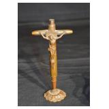 Antique Brass Religious Lot - Crucifix, Candelabrum, Teapot Lamp, Mini Chairs