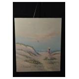 Seaside Dunes Painting - Woman in Pink Dress with Hat at the Beach (Signed)