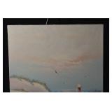 Seaside Dunes Painting - Woman in Pink Dress with Hat at the Beach (Signed)