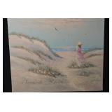 Seaside Dunes Painting - Woman in Pink Dress with Hat at the Beach (Signed)