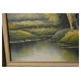 Framed Landscape Painting - River Scene with Trees, Ornate Gold Frame, 27.5 in x 25.5 in