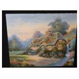 Thatched Roof Cottage Landscape Painting on Canvas - Signed, Waterfall & Garden (24"x20")