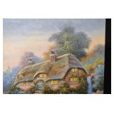 Thatched Roof Cottage Landscape Painting on Canvas - Signed, Waterfall & Garden (24"x20")
