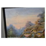 Thatched Roof Cottage Landscape Painting on Canvas - Signed, Waterfall & Garden (24"x20")