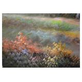 Thatched Roof Cottage Landscape Painting on Canvas - Signed, Waterfall & Garden (24"x20")