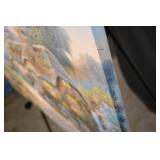 Thatched Roof Cottage Landscape Painting on Canvas - Signed, Waterfall & Garden (24"x20")