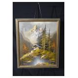 Alpine Landscape Painting - Mountain Cabin by River, Framed Canvas Art