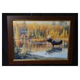 Jim Kasper Moose in Autumn Lake Landscape - Framed Painting