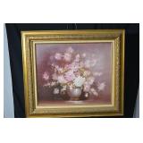 J. Ferrer Floral Still Life - Pink & White Chrysanthemums in Vase, Ornate Gold Frame