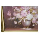 J. Ferrer Floral Still Life - Pink & White Chrysanthemums in Vase, Ornate Gold Frame