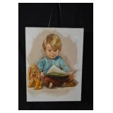 Vintage Child Reading with Dog - Framed Canvas Print Artwork for Nursery & Children