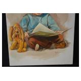 Vintage Child Reading with Dog - Framed Canvas Print Artwork for Nursery & Children