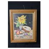 Sunflower Still Life Framed Print with Vase, Pears & Stringed Instrument