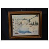 Winter Landscape Painting - Snowy Hills, Birch & Pine Trees - Framed Artwork