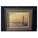 Sunset Sailboat Oil Painting - Framed Landscape, 14 x 18 in
