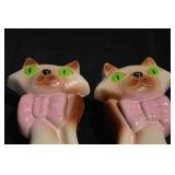 Miller Studio Cat Figurines - 1976 Pair, Green Eyes, Pink Bows, Brown Gradient Paws
