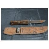 Antique Wood-Handle Fixed-Blade Knife With Tooled Leather Sheath