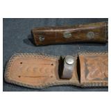 Antique Wood-Handle Fixed-Blade Knife With Tooled Leather Sheath