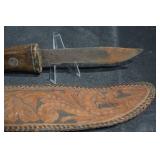 Antique Wood-Handle Fixed-Blade Knife With Tooled Leather Sheath