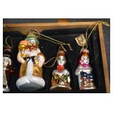 Glass Christmas Ornaments - Santa & Festive Figures in Wooden Box (Lot of 6)
