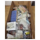 Box of Assorted Electronic Connectors, Resistors, and Hardware Components