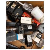 Box of Industrial Electrical Parts and Controls Including Allen-Bradley, Relays, Adapters, and Connectors