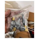 Box of Assorted Pneumatic and Plumbing Parts, Valves, Gauges, Fittings, and Tools