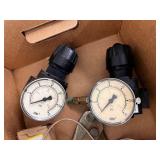 Box of Assorted Pneumatic and Plumbing Parts, Valves, Gauges, Fittings, and Tools