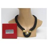 18K Designer Gold Pendant Necklace w/Mabe Pearl & Black Onyx Beads