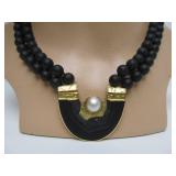 18K Designer Gold Pendant Necklace w/Mabe Pearl & Black Onyx Beads