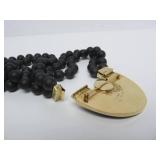 18K Designer Gold Pendant Necklace w/Mabe Pearl & Black Onyx Beads