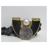 18K Designer Gold Pendant Necklace w/Mabe Pearl & Black Onyx Beads