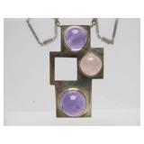 Large Sterling Silver & Gemstone Designer Pendant Necklace by Burle Marx