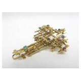 Exceptional Solid 18K Gold & Gemstone Brutalist Brooch Pendant