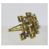 Wonderful Solid 18K Gold Brutalist Design Ring w/Diamonds