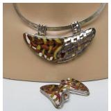 Large Sterling Silver & Cloisonné Enamel Necklace & Earring Set Signed "BW"