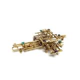 Exceptional Solid 18K Gold & Gemstone Brutalist Brooch Pendant